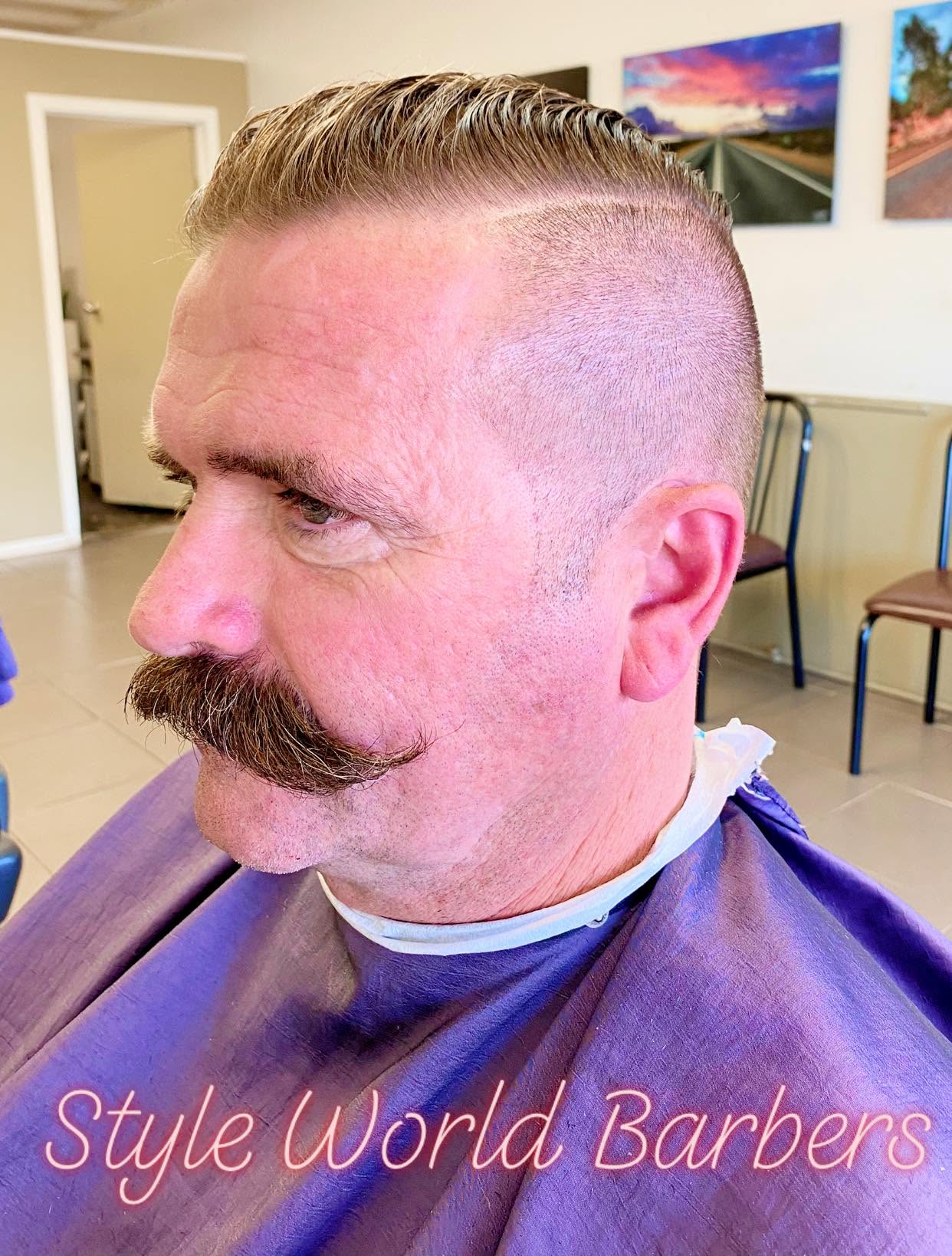 Classic flat top haircut with moustache at Style World Barbers Engadine