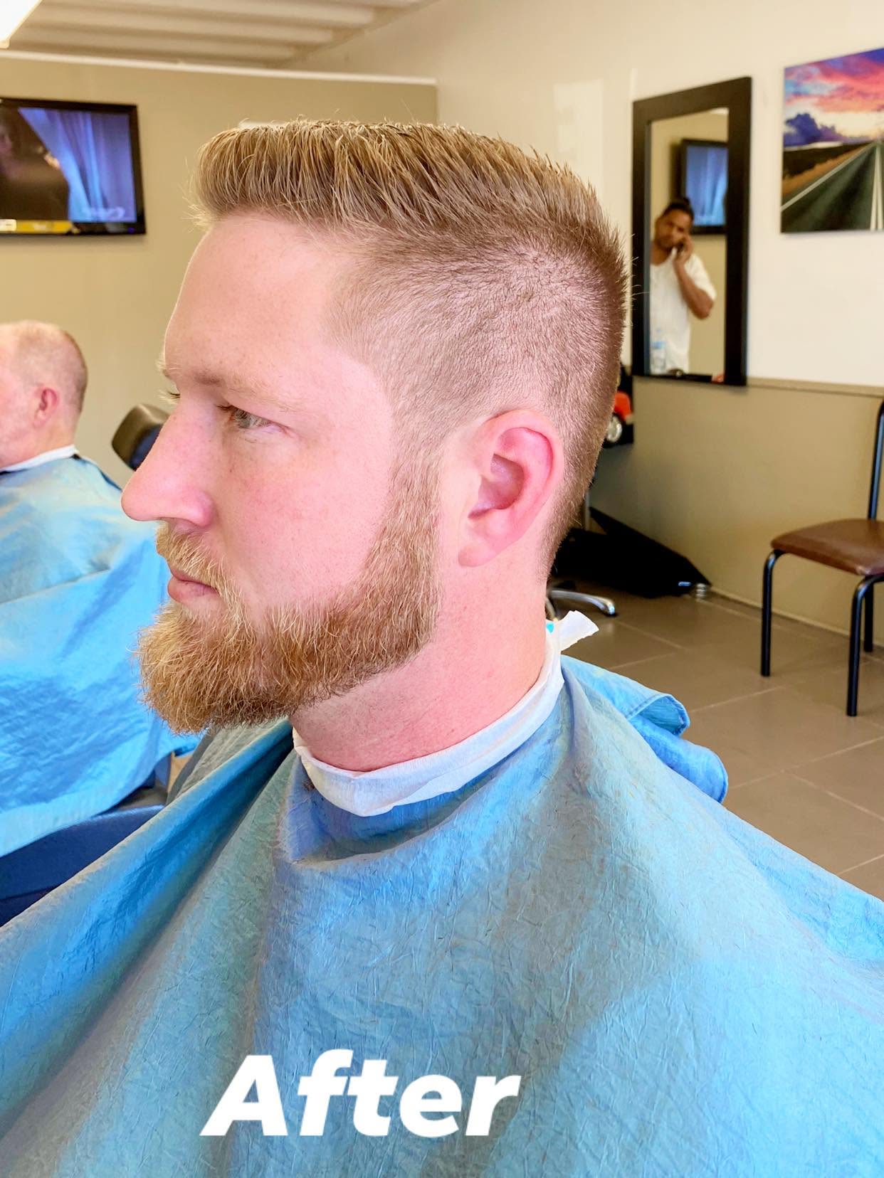 After photo — men's pompadour fade with beard at Style World Barbers
